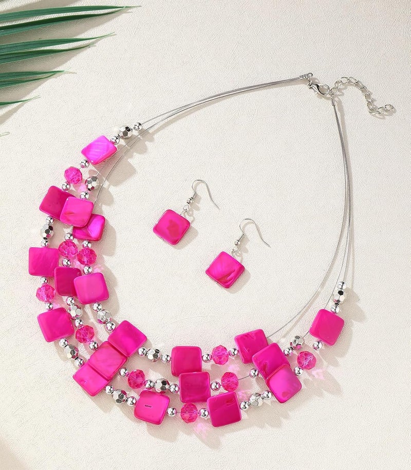 Errally Store Layered Beaded Statement Necklaces for Women Square Shell Bead Collar Necklace and Earring Set Birthday Gifts Boho Jewelry Sets for Women - Image 2
